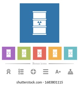 Radioactive waste flat white icons in square backgrounds. 6 bonus icons included.
