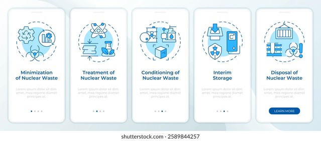Radioactive waste management blue onboarding mobile app screen. Walkthrough 5 steps editable graphic instructions with linear concepts. UI, UX, GUI template