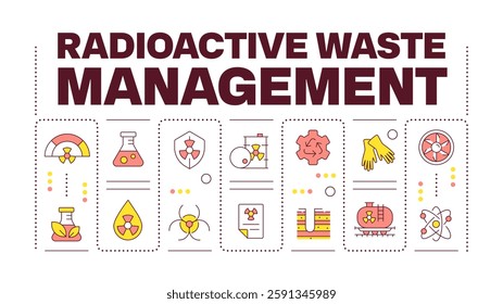 Radioactive waste management word concept isolated on white. Nuclear power supplies recycling. Creative illustration banner surrounded by editable line colorful icons