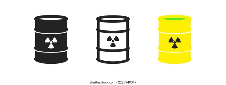 Residuos radiactivos en el icono del barril metálico. Señal de peligro de contaminación por radiación. Tóxico, combustible nuclear en símbolo de barril amarillo. Diseño plano de colores. Ilustración vectorial.