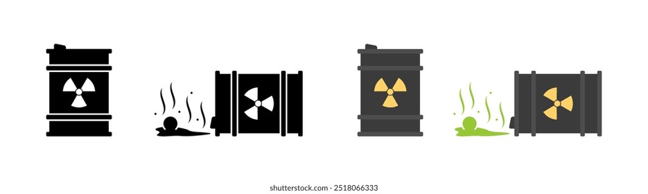 Ícones do conjunto de resíduos radioativos. Silhueta e estilo plano. Ícones de vetor.