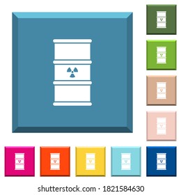 Radioactive waste white icons on edged square buttons in various trendy colors