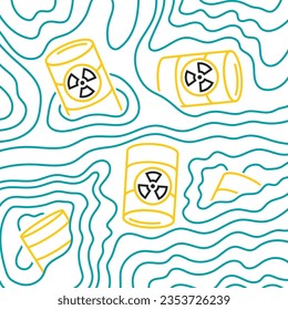 Pancarta de agua radiactiva. Salven el océano. Problema internacional. Concepto ecológico. Ilustración vectorial editable en colores azul, negro y amarillo aislados en un fondo blanco.
