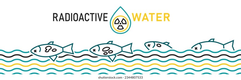 Radioactive water horizontal banner. Save the ocean. International problem. Ecological concept. Editable vector illustration in blue, black and yellow colors isolated on a white background.

