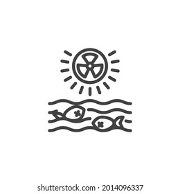 Icono de la línea de contaminación por agua radiactiva. signo de estilo lineal para concepto móvil y diseño web. Los peces muertos flotan en el icono del vector de contorno de agua contaminada. Símbolo, ilustración del logotipo. Gráficos vectoriales