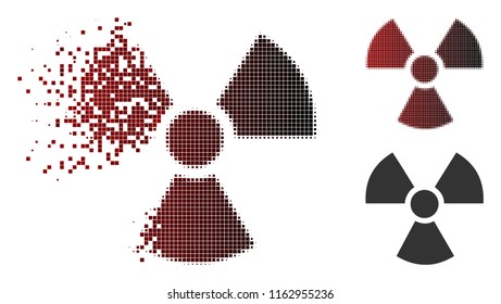 Radioactivity icon in sparkle, pixelated halftone and undamaged entire variants. Fragments are organized into vector dissolving radioactivity form.