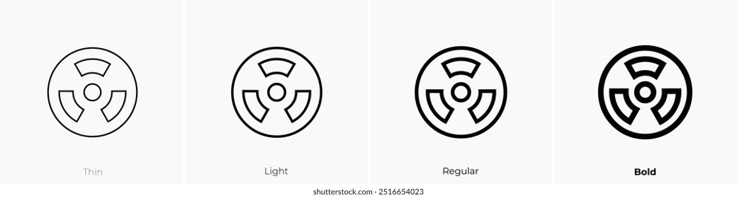 ícone de radioatividade. Design fino, leve, regular e negrito, isolado no fundo branco