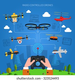 Radio-controlled drones concept with city grass and console in hands flat vector illustration 