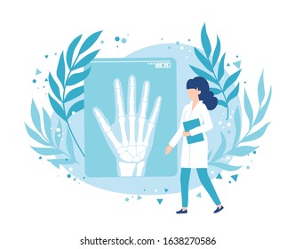 Radiogram of hand. Radiologist doctor watching an x-ray