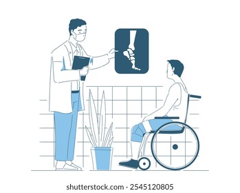 Radiograph with patient. Man shows Xray to young guy in wheelchair. Traumatologist treats broken leg. Diagnosis and treatment. Healthcare and medicine. Linear vector illustration