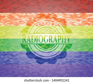 Radiography emblem on mosaic background with the colors of the LGBT flag