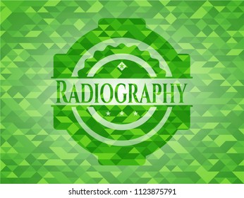 Radiography green emblem with triangle mosaic background