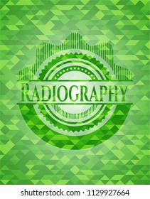 Radiography green emblem with triangle mosaic background