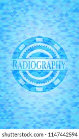 Radiography realistic light blue emblem. Mosaic background
