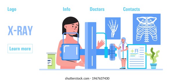 Radiography and x-ray concept vector for header, landing page. Trauma, pain, osteoporosis illustration. Fluorography of woman.