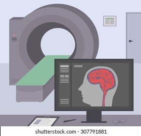 Radiologic room with a computer tomograph. Vector MRI / CT diagnostic scanner and monitor to scan the human brain on the screen. svg