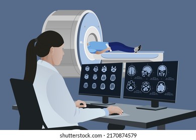 Un radiólogo analiza los resultados de la RM cerebral de un paciente en un monitor de computadora. Diagnóstico de enfermedades cerebrales en un médico que examina imágenes de resonancia magnética (RM) Diagnóstico de neurodegeneraciones