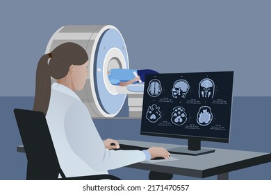 A radiologist analyzes the results of a patient's brain MRI on a computer monitor. Diagnosis of brain diseases in a doctor examining magnetic resonance imaging (MRI) Diagnosis of neurodegenerative