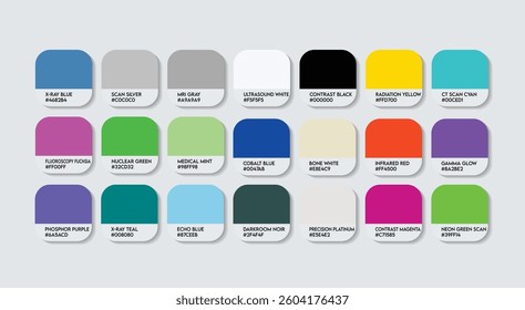 Radiologist Color Guide Palette with Color Names. Catalog Sample of Radiologist with RGB HEX codes and Names. Construction sector Color Palette, plastic, metal, Strong stone, Trend Color Palette