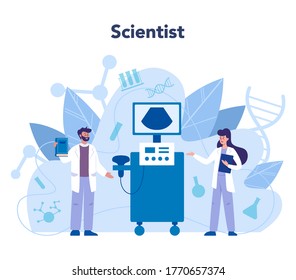 Radiologist concept. Doctor examing X-ray image of human body with computed tomography, MRI and ultrasound. Idea of health care and disease diagnosis. Isolated vector illustration in cartoon style