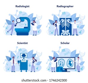 Radiologist concept set. Doctor examing X-ray image of human body with computed tomography, MRI and ultrasound. Idea of health care and disease diagnosis. Isolated vector illustration in cartoon style