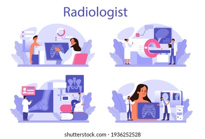 Radiologist concept set. Doctor examing X-ray image of human body