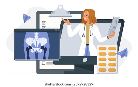 Radiologist doctor concept. Woman in medical uniform on computer screen. Healthcare and medicine. Specialist analyzes Xray of pelvis. Doctor consultation on internet. Flat vector illustration
