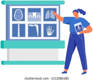 Radiologist, doctor profession person working on x-ray scanner diagnostics. Results of medical research of human bones on screen. Technology for dagnosis of musculoskeletal system diseases with x-ray