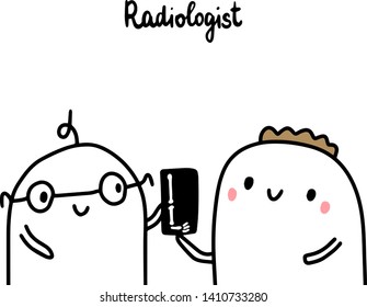 Radiologist hand drawn vector illustration in cartoon style. Xray and patient with men doctor
