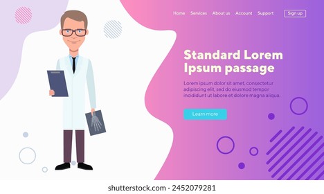 Radiologist in lab coat holding x-ray image. Doctor in glasses reviewing medical records and X-ray. Vector illustration. Hospital, medicine, healthcare concept for web design, banner or landing page