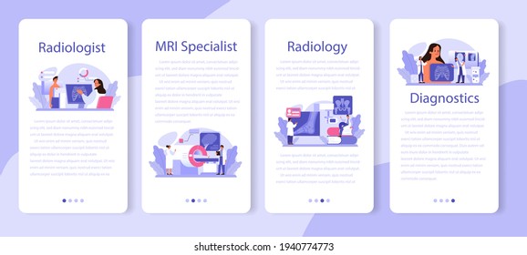 Juego de banners para aplicaciones móviles radiólogas. Examen de la imagen de rayos X por el médico