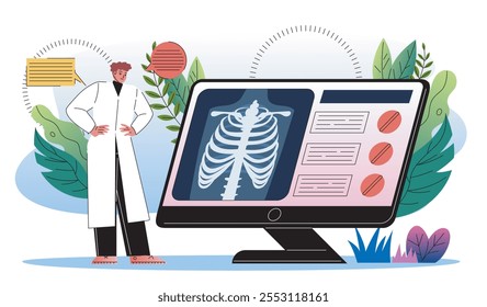 Radiólogo cerca de Xray. Hombre con uniforme médico cerca de una computadora con radiografía de tórax. Pulmonólogo en el lugar de trabajo. Salud y medicina. Diagnóstico y tratamiento. Ilustración vectorial plana