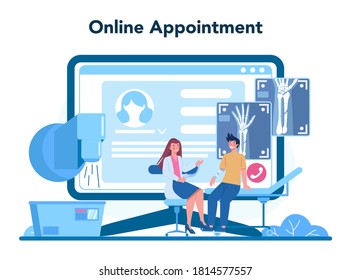 Radiologist online service or platform. Doctor examing X-ray image of human body, MRI and ultrasound. Online appointment. Isolated vector illustration