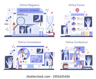Servicio de radiología en línea o conjunto de plataformas. Rayos X, resonancia magnética e imagen ultrasónica del cuerpo humano. Foro en línea, revista, conferencia, consulta. Ilustración vectorial plana aislada