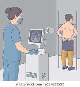 Radiologist operating X-ray machine while male patient prepares for chest scan. Medical examination, healthcare, hospital diagnostic imaging illustration