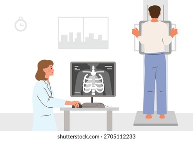Radiologist performing X-ray examination on a patient in a medical clinic.
