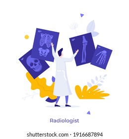 Radiologist, radiographer, physician looking at skeletal system radiographs. Concept of radiology, X-ray radiography, radiologic diagnostics, medical imaging. Modern flat colorful vector illustration.