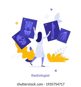 Radiologist, Radiographer, Physician Looking At Skeletal System Radiographs. Concept Of Radiology, X-ray Radiography, Radiologic Diagnostics, Medical Imaging. Modern Flat Colorful Vector Illustration.