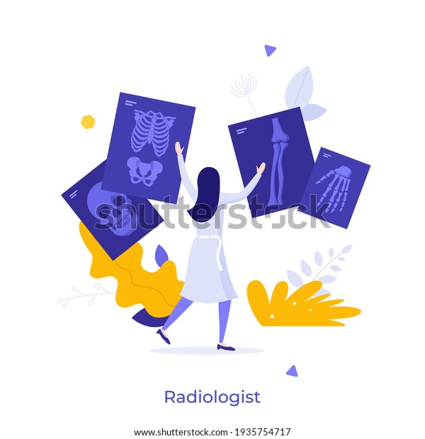 Radiologist, radiographer, physician\
looking at skeletal system radiographs. Concept of radiology, X-ray\
radiography, radiologic diagnostics, medical imaging. Modern flat\
colorful vector\
illustration.