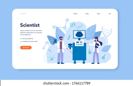 Radiologist web banner or landing page. Doctor examing X-ray image of human body with computed tomography, MRI and ultrasound. Isolated vector illustration in cartoon style