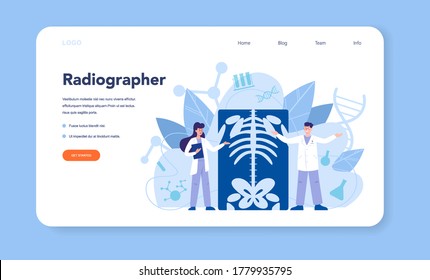 Radiologist web banner or landing page. Doctor examing X-ray image of human body with computed tomography, MRI and ultrasound. Isolated vector illustration in cartoon style