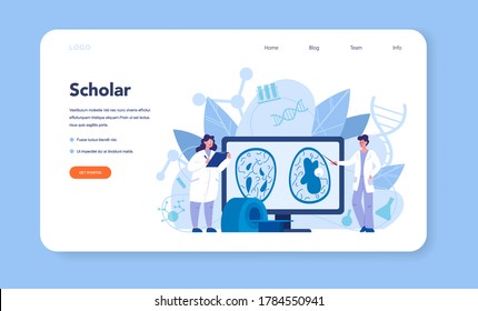 Radiologist web banner or landing page. Doctor examing X-ray image of human body with computed tomography, MRI and ultrasound. Isolated vector illustration in cartoon style