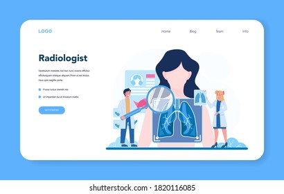 Radiologist web banner or landing page. Doctor examing X-ray image of human body with computed tomography, MRI and ultrasound. Idea of disease diagnosis. Isolated vector illustration