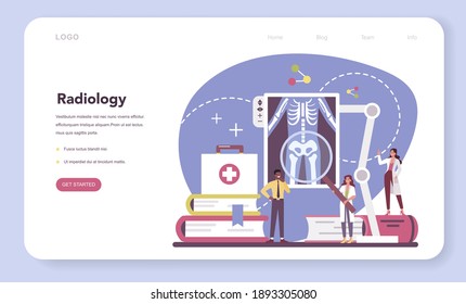 Radiologist web banner or landing page. Doctor examing X-ray image of human body with computed tomography, MRI and ultrasound. Idea of disease diagnosis. Isolated vector illustration