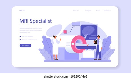 Radiologist web banner or landing page. Doctor examing X-ray image of human body with computed tomography, MRI and ultrasound. Idea of health care and disease diagnosis. Flat vector illustration