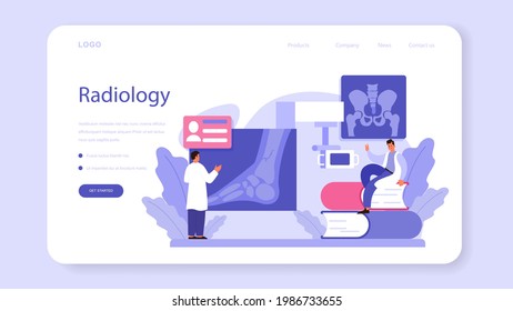 Radiologist web banner or landing page. Doctor examing X-ray image of human body with computed tomography, MRI and ultrasound. Idea of health care and disease diagnosis. Flat vector illustration