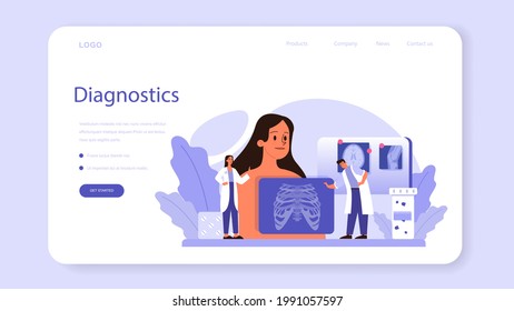 Radiologist web banner or landing page. Doctor examing X-ray image of human body with computed tomography, MRI and ultrasound. Idea of health care and disease diagnosis. Flat vector illustration