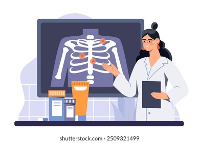 Radiologist woman concept. Young girl in medical uniform with xray of human torso. Health care and medicine, diagnosis and treatment. Flat vector illustration isolated on white background