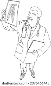 Radiology Analysis Visualized: Doctor Reviewing Lung X-ray Film and Chest Rib Skeleton, Medical Diagnosis Depicted: Flat Design of Doctor Observing Lung X-ray and Chest Rib