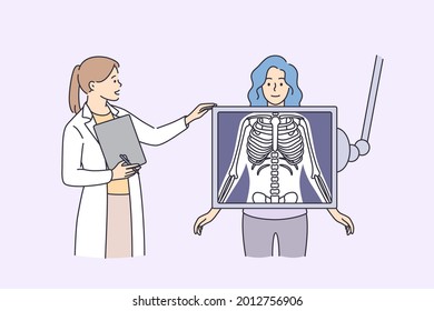 Radiology and body scan in medicine concept. Woman patient cartoon character standing behind x-ray and making examination of chest with doctor practitioner vector illustration